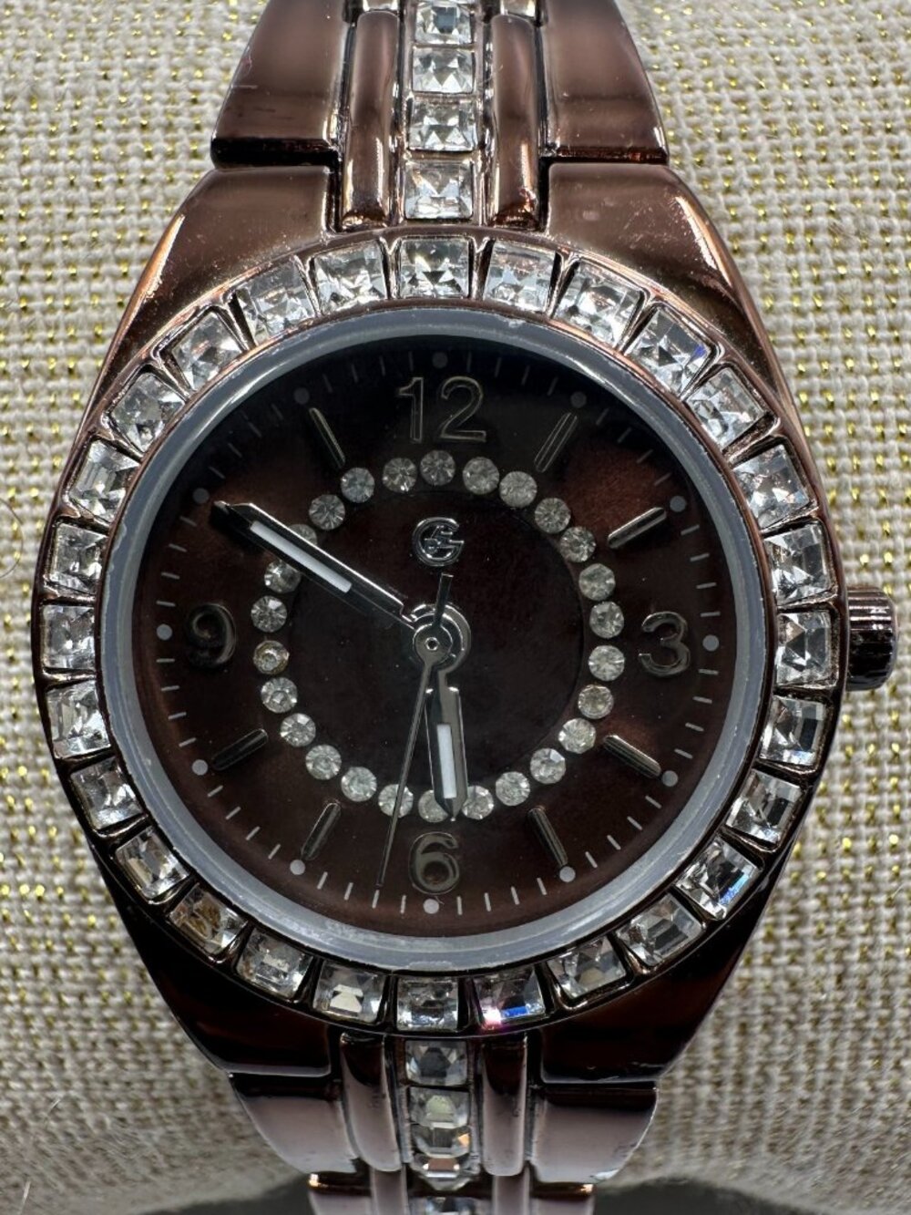 3/$30 George Watch Women Metallic Brown Crystal Bezel Round Dial 7.25"
